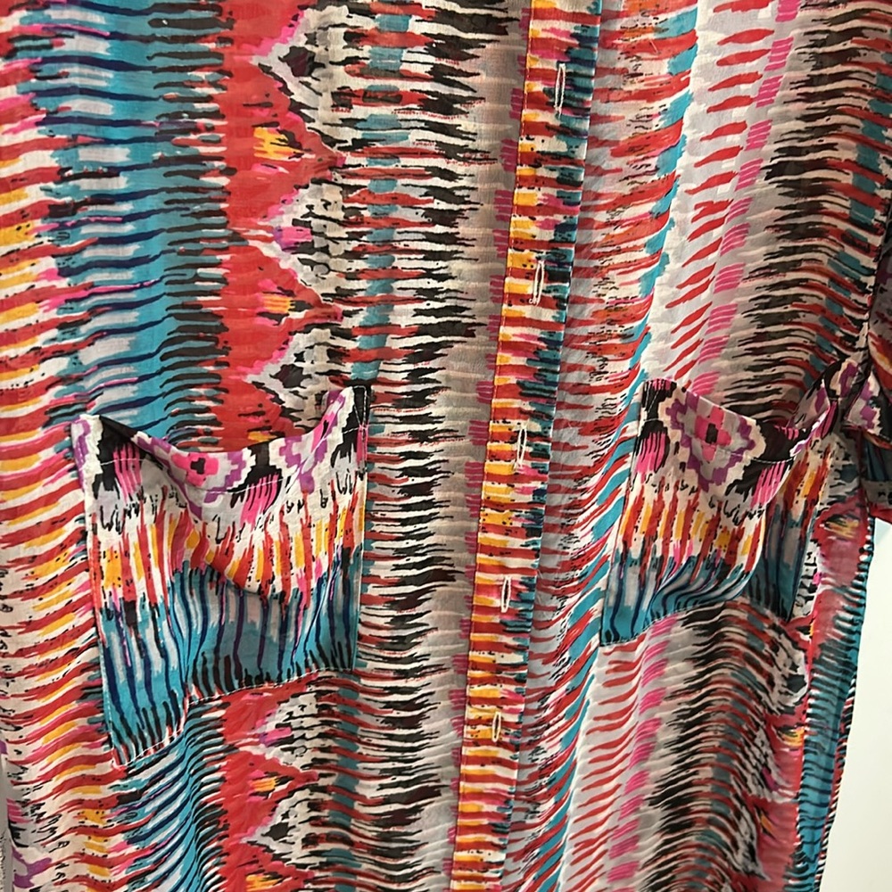 Turquoise Haven vibrant semi sheer Long Shirt Dress duster layering summer light - Picture 3 of 5